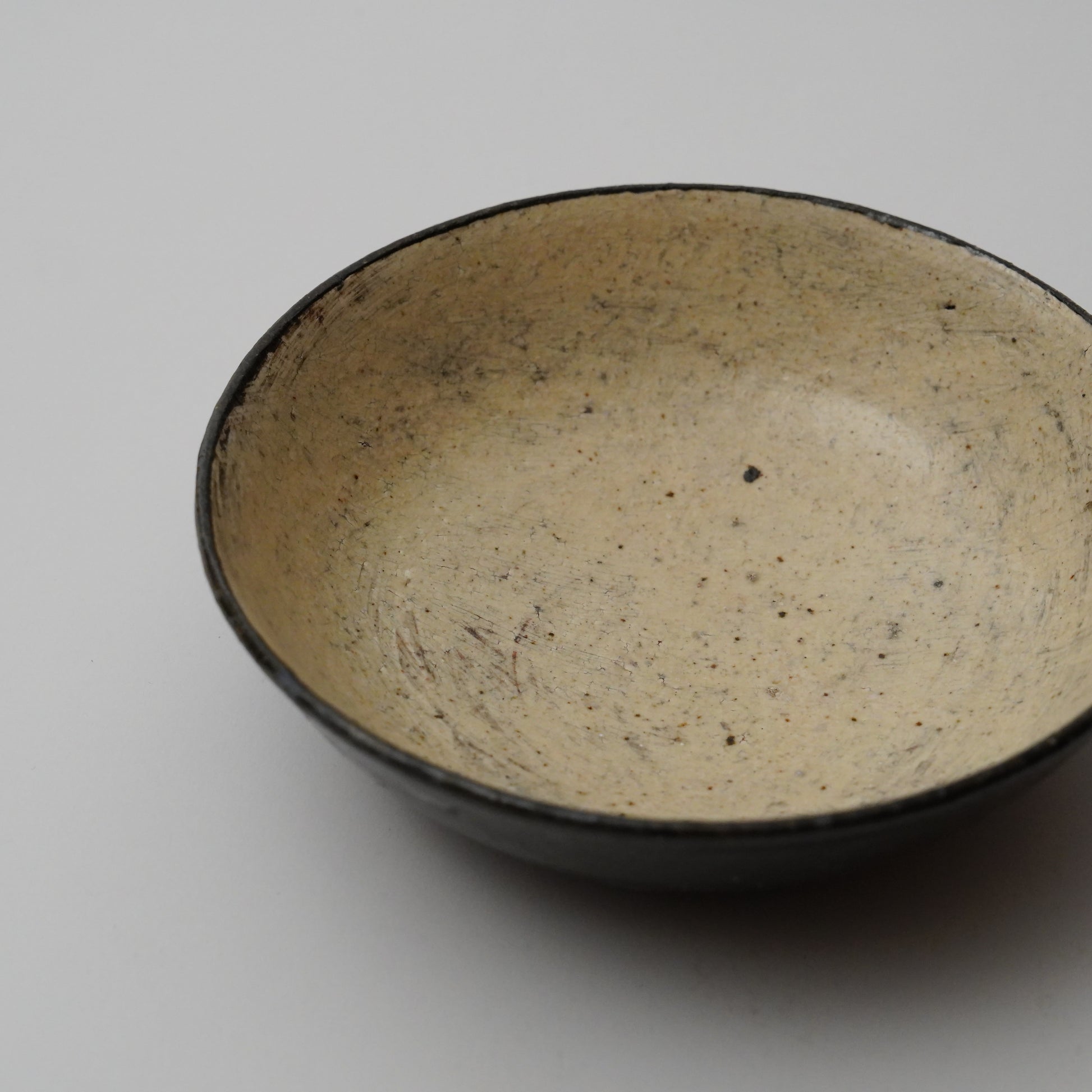 Ceramic bowl with a speckled interior on a plain background