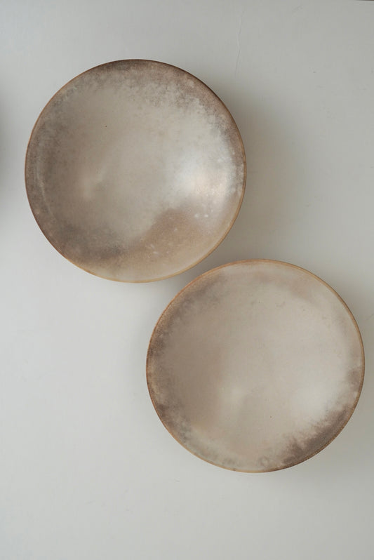 Two round ceramic bowls with a mottled, organic metallic finish in champagne gold and bronze tones, photographed on a light gray background.