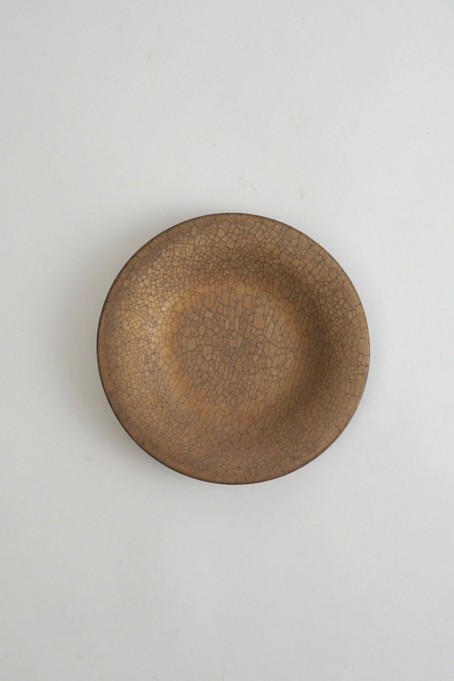 A round ceramic plate with a textured, crackled glaze in a warm brown and beige color, photographed from directly above on a light gray background.