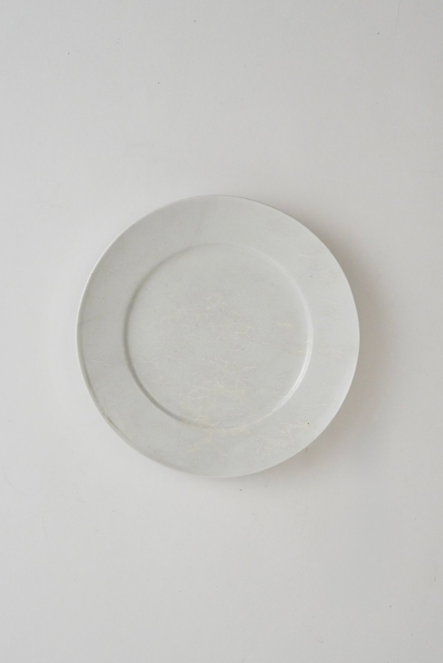 A minimalist white ceramic plate with a subtle textured pattern, photographed from directly above on a clean, light gray background.