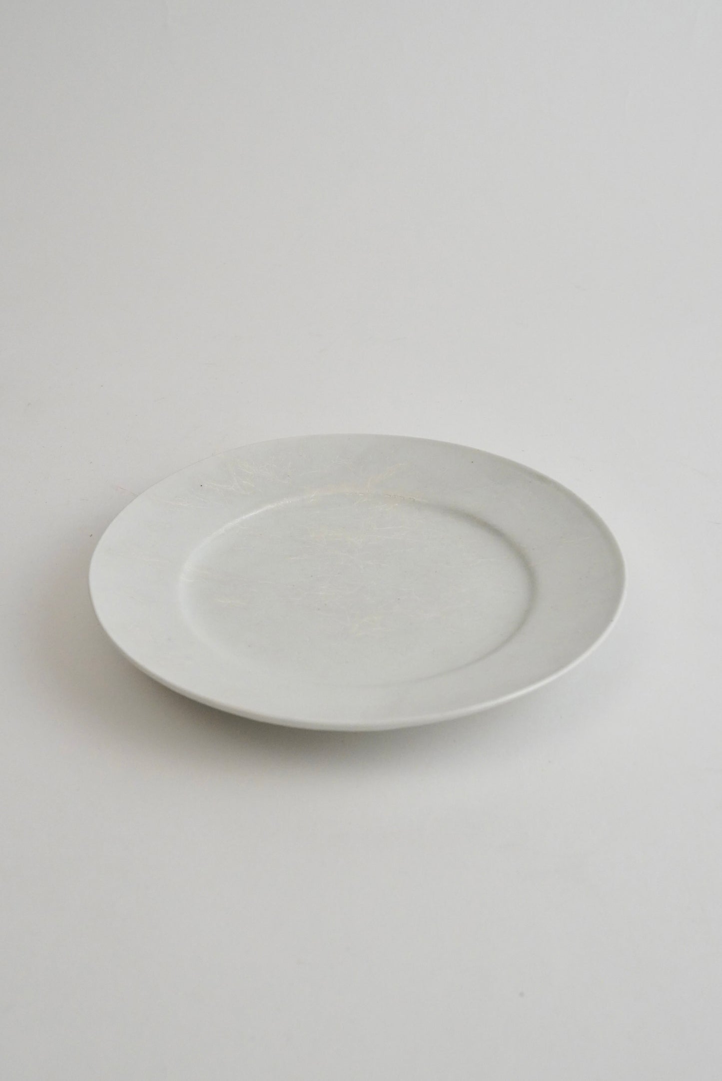 A minimalist white ceramic plate with a subtle textured matte finish, photographed from a high angle on a light gray background.