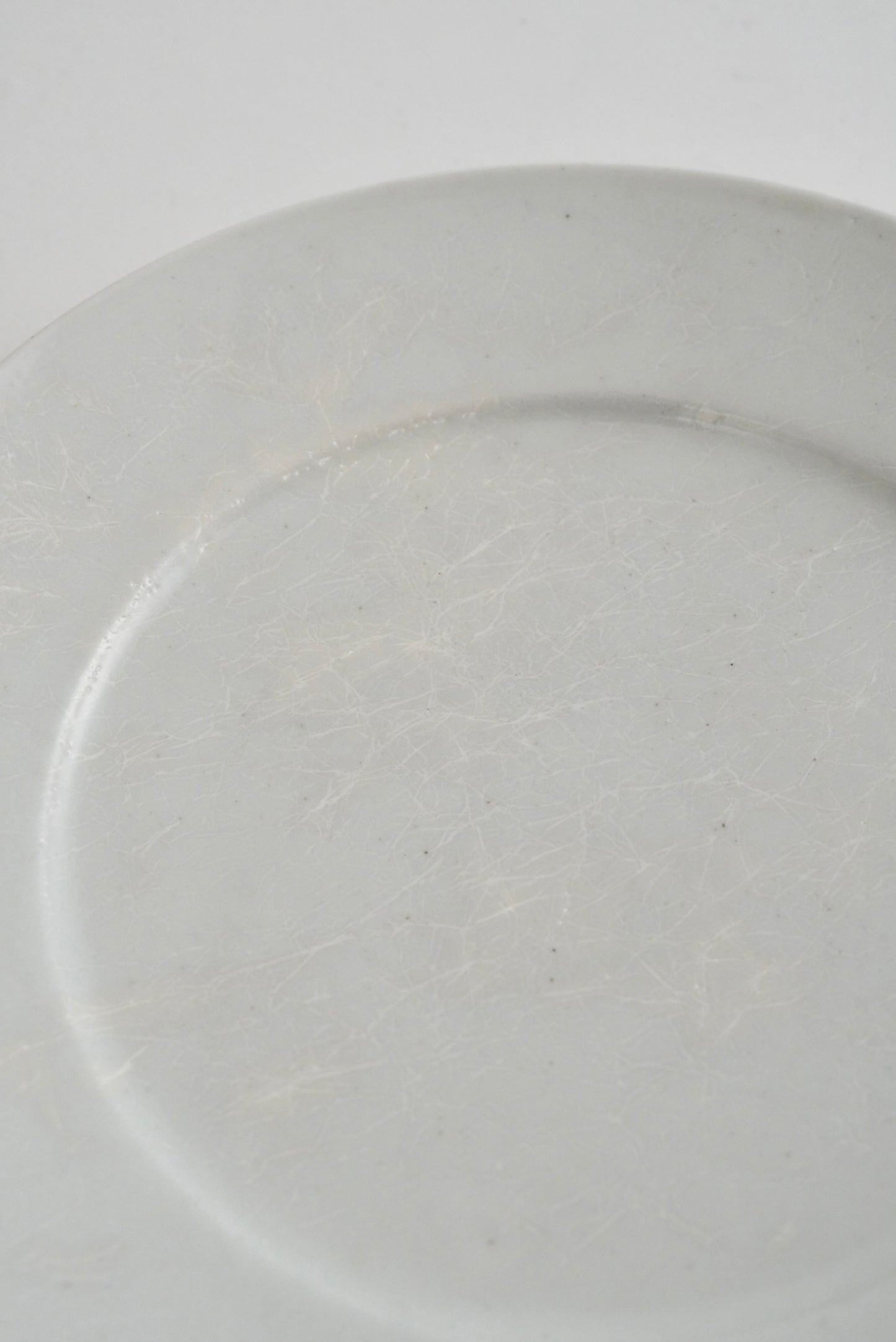 A close-up of a light gray ceramic plate with a subtle textured glaze, showing the inner rim and a portion of the outer edge against a matching light gray background.