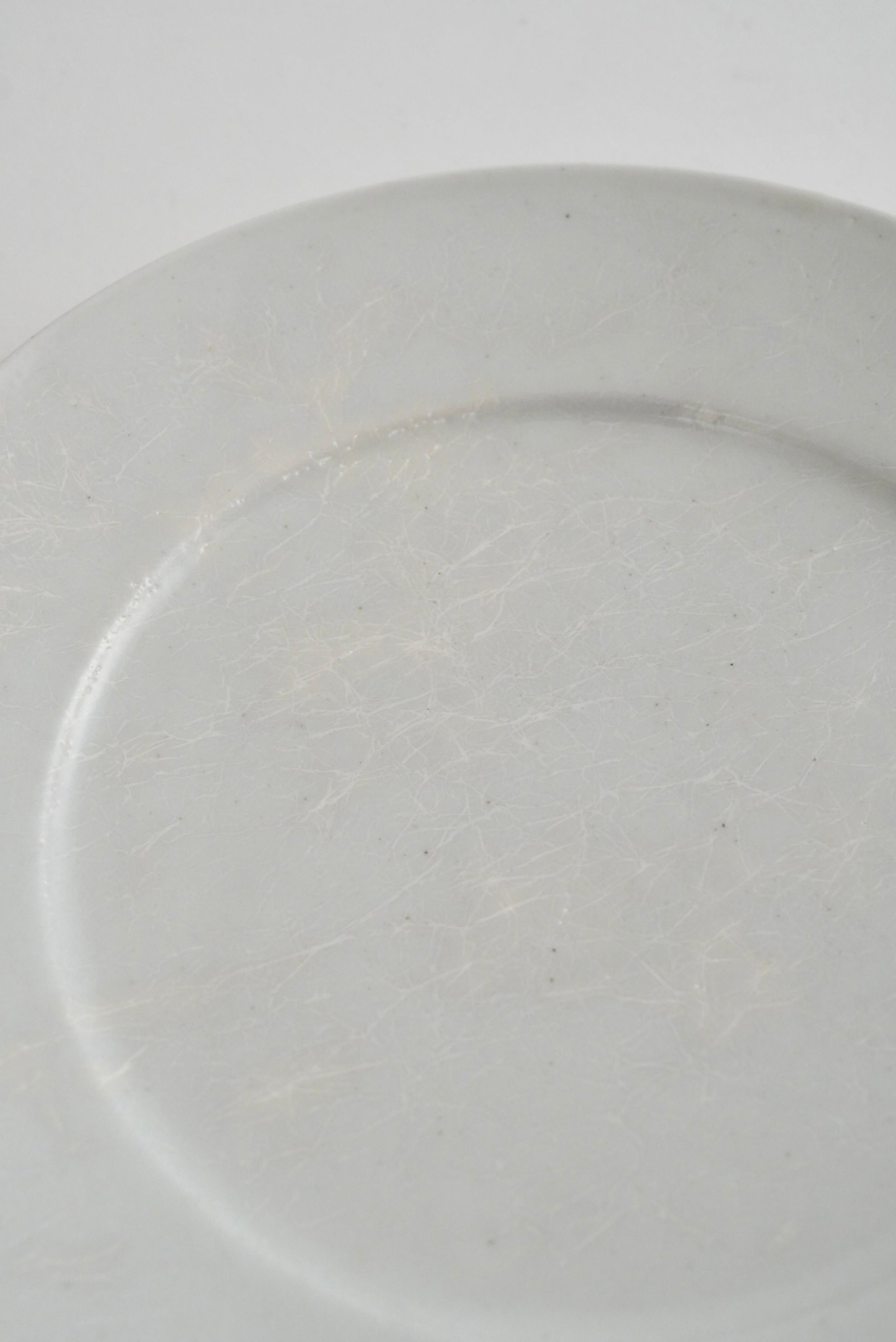 A close-up of a light gray ceramic plate with a subtle textured glaze, showing the inner rim and a portion of the outer edge against a matching light gray background.