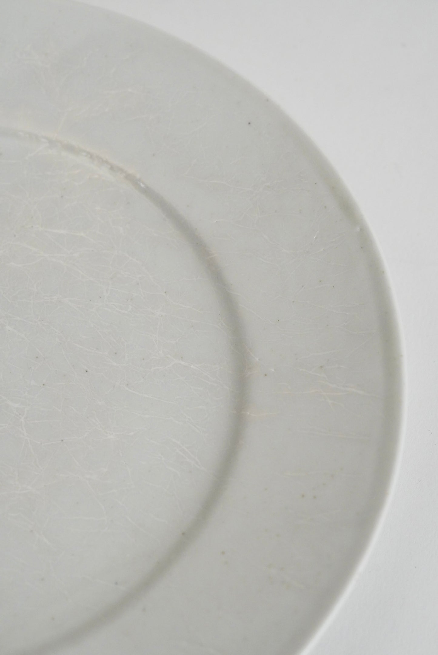 A close-up of a light gray ceramic plate or saucer showing a subtle textured glaze and a raised circular rim against a plain white background.