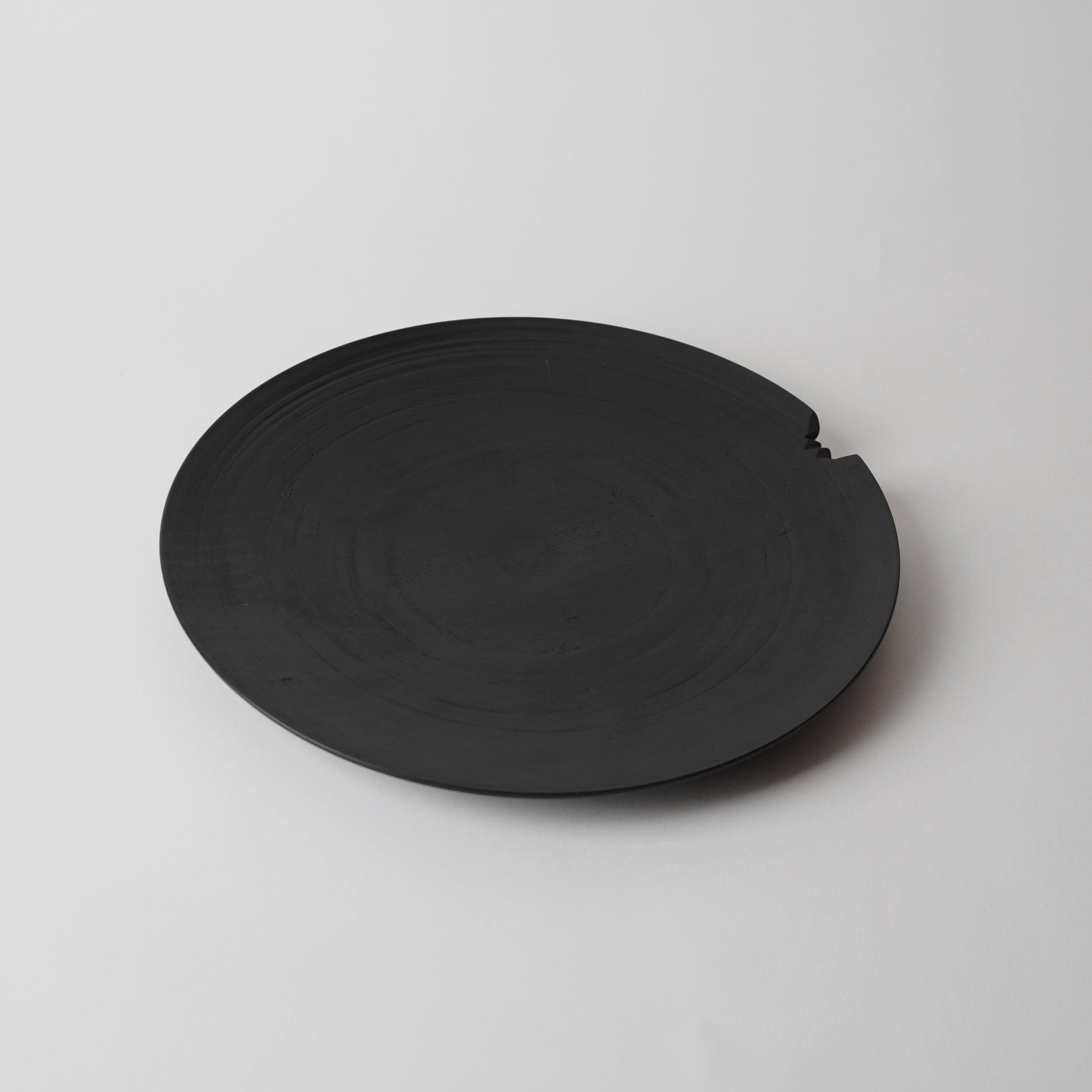 Black round object on a light gray background