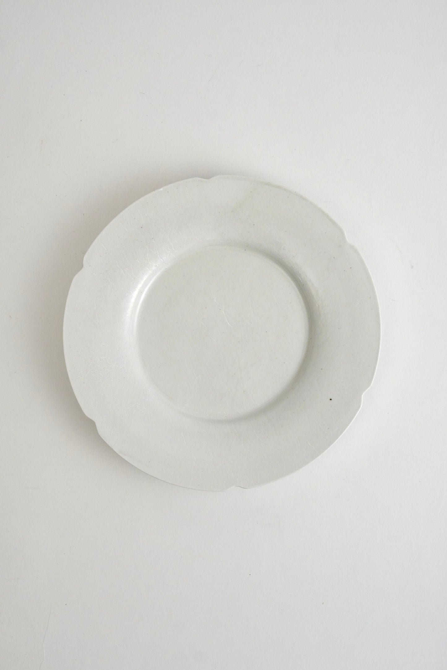 A white ceramic plate with a scalloped rim, photographed from directly above on a plain white background.