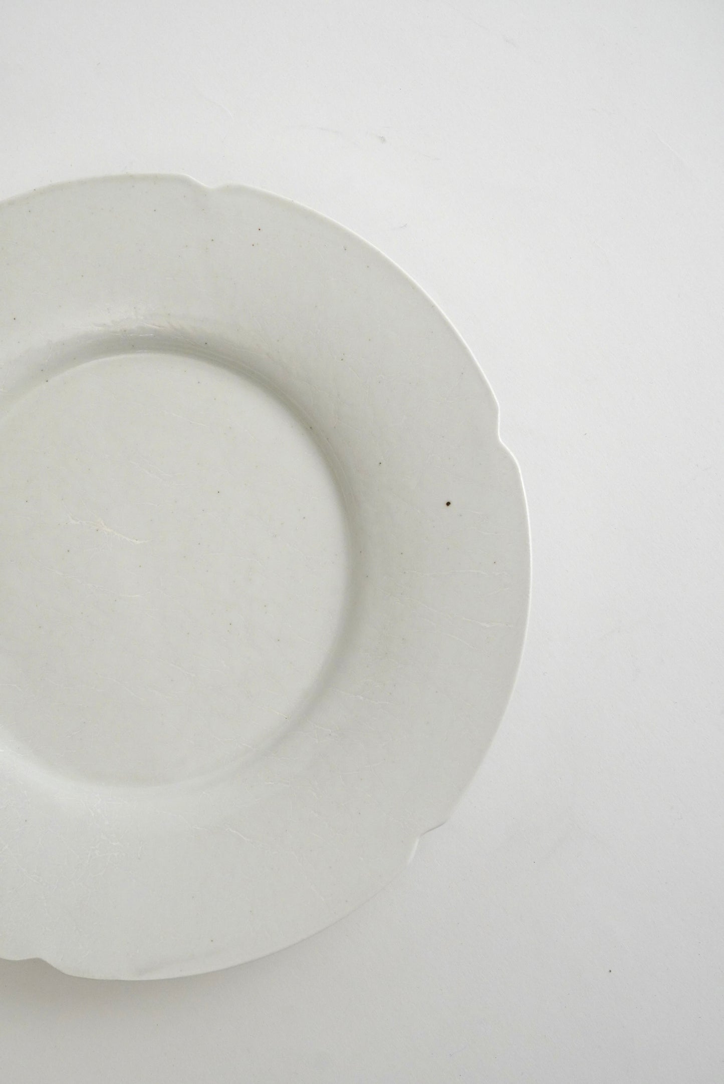 A white ceramic plate with a scalloped rim, photographed from a top-down angle on a plain white background.