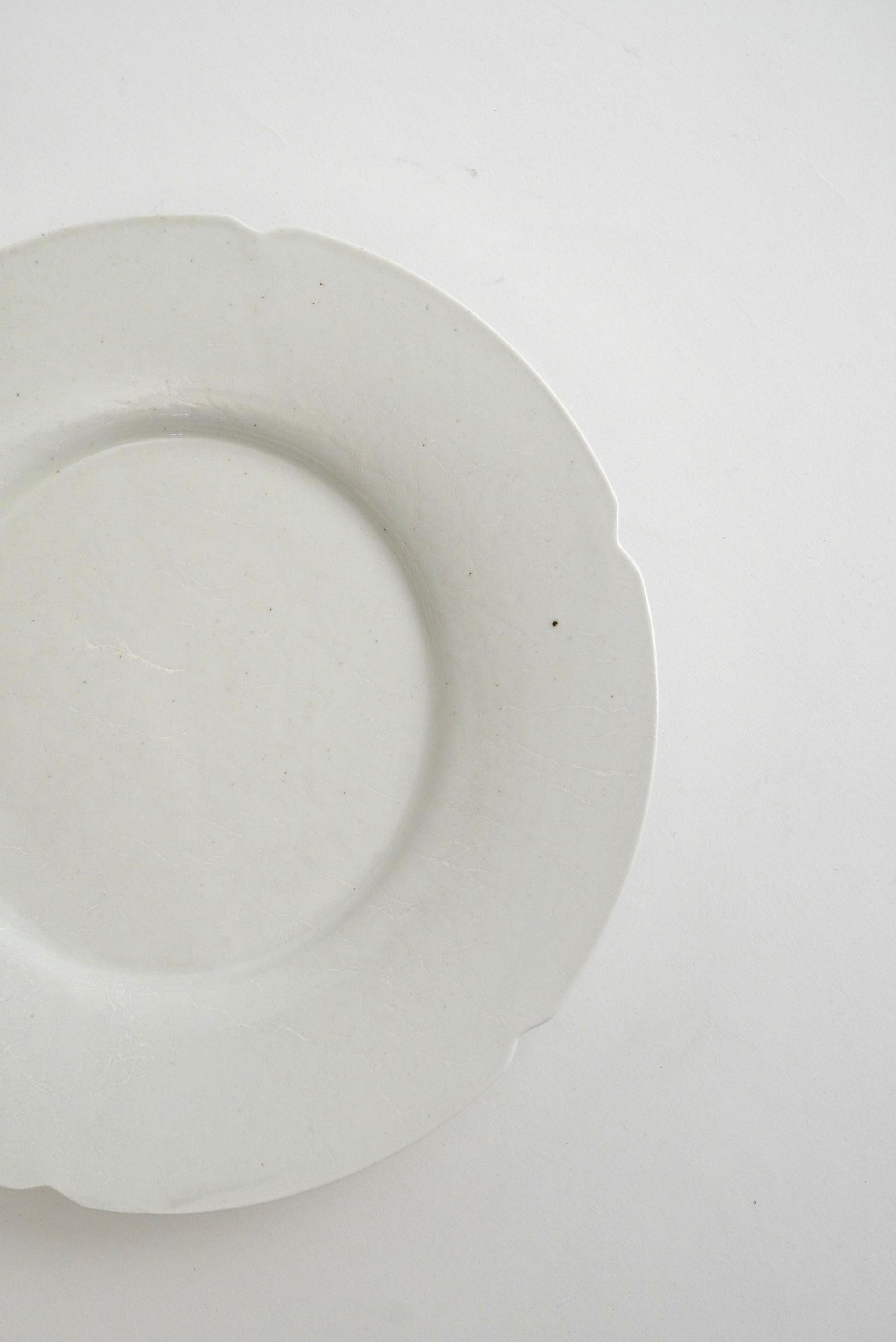 A white ceramic plate with a scalloped rim, photographed from a top-down angle on a plain white background.