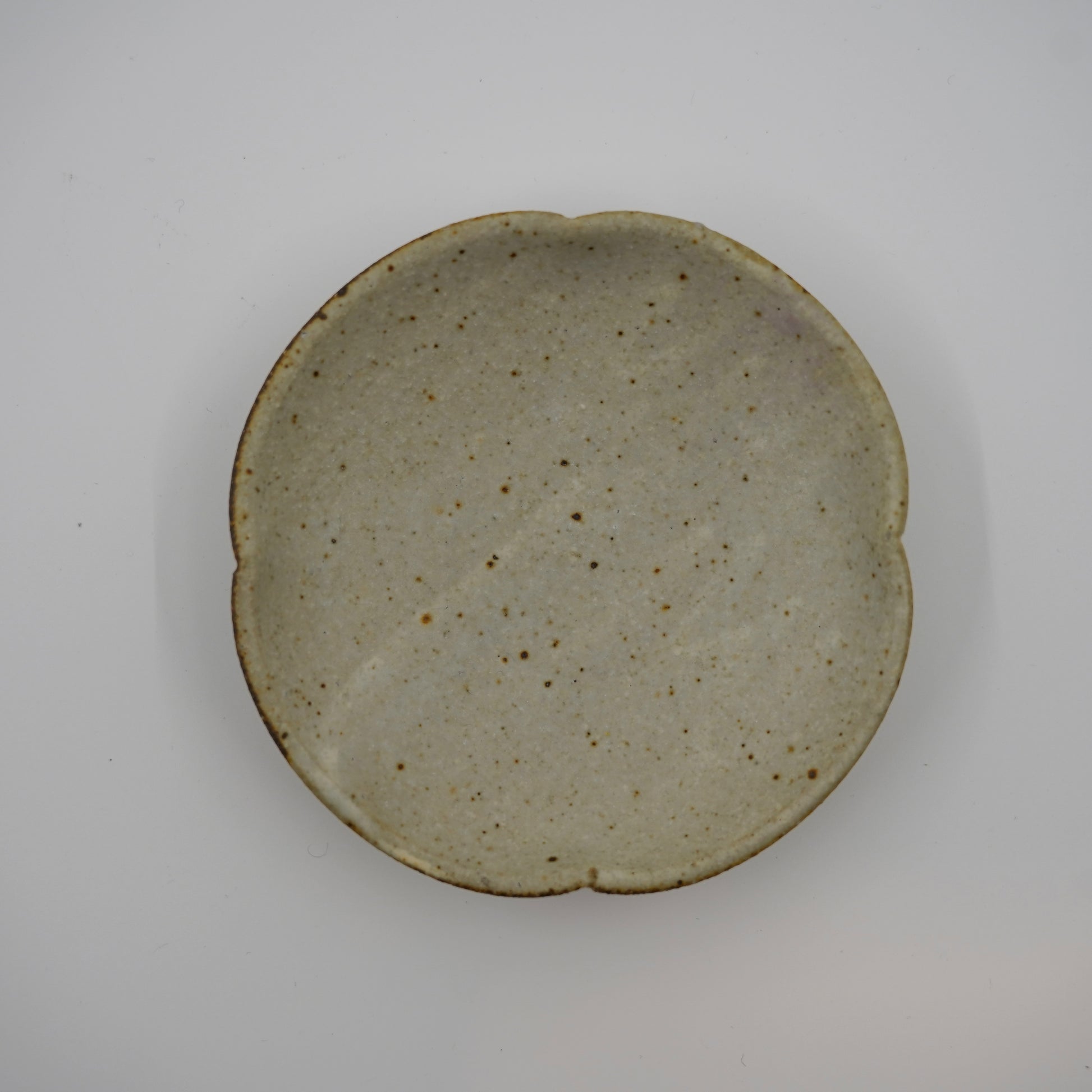 Round ceramic plate with a speckled glaze on a gray background