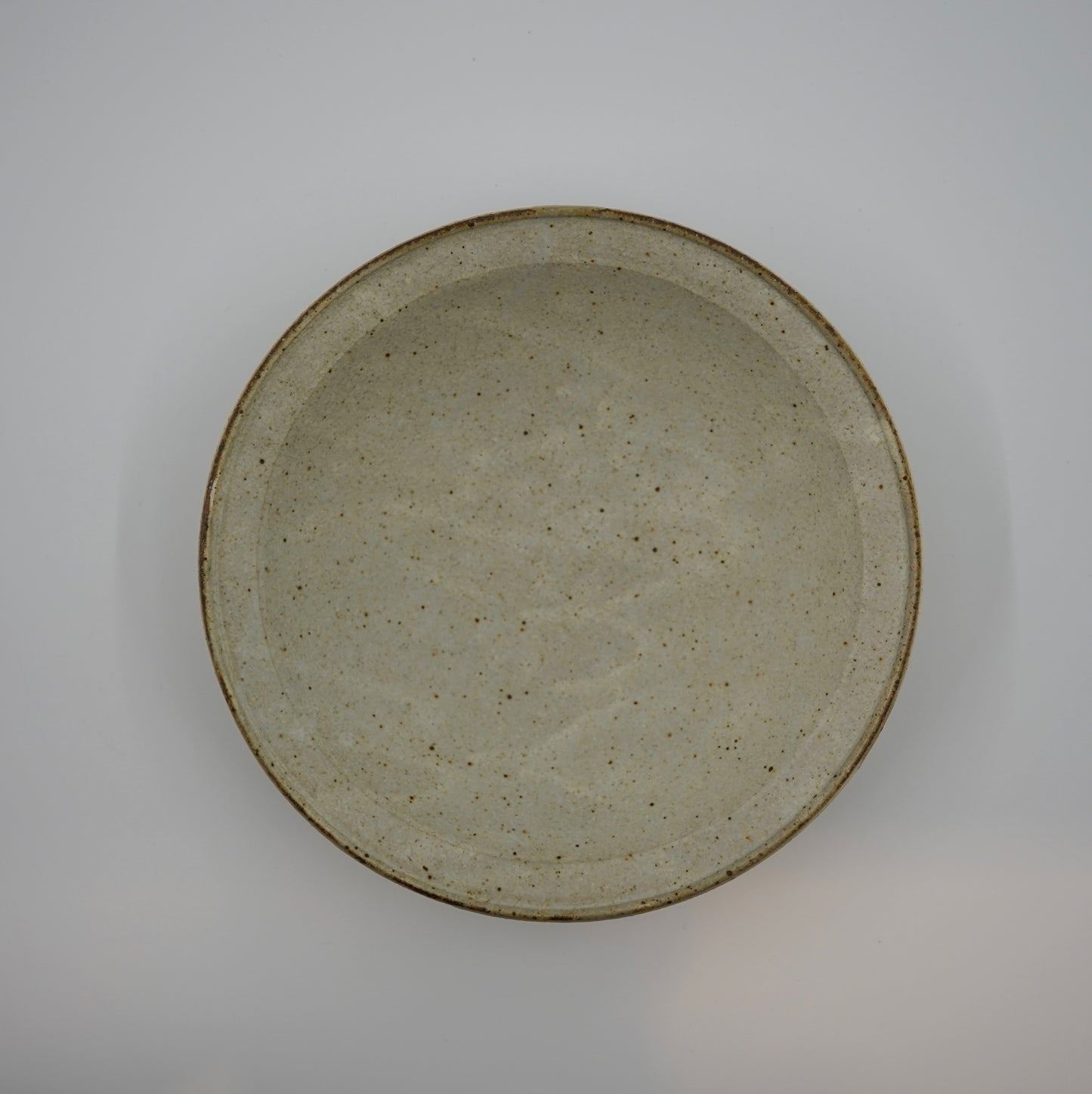 Ceramic plate with a speckled glaze on a plain background