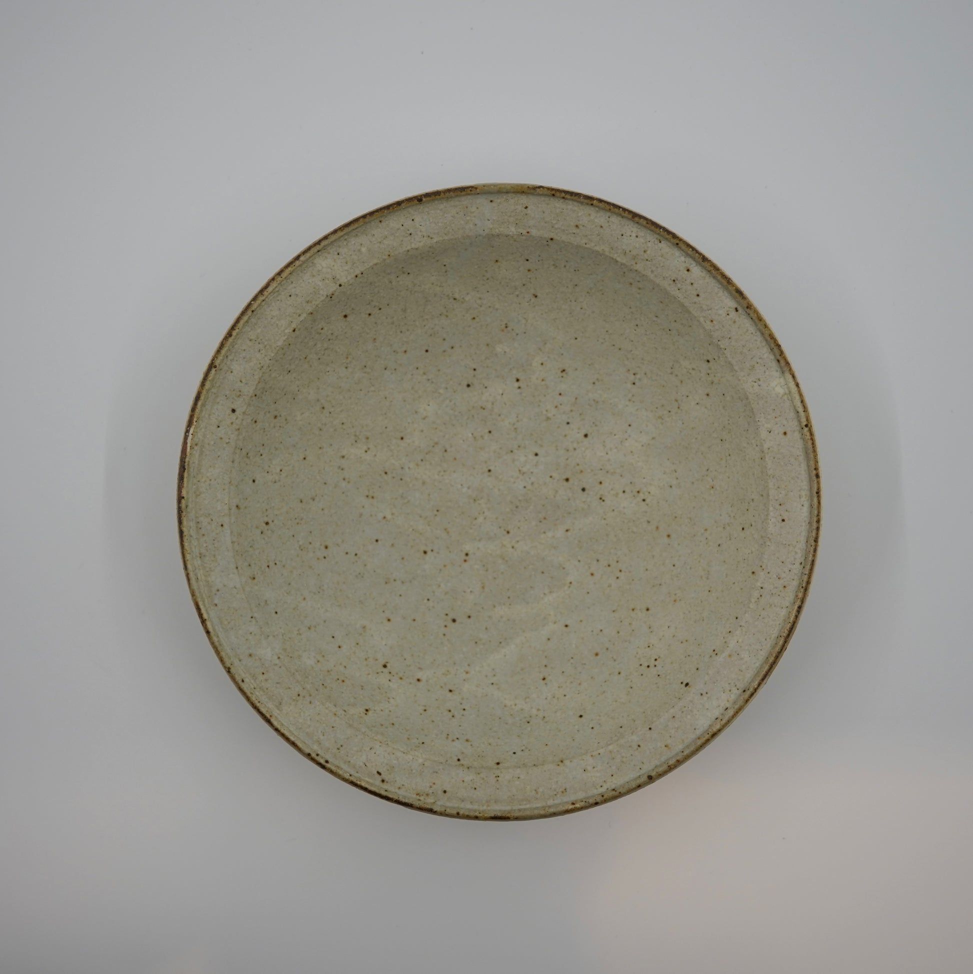 Ceramic plate with a speckled glaze on a plain background