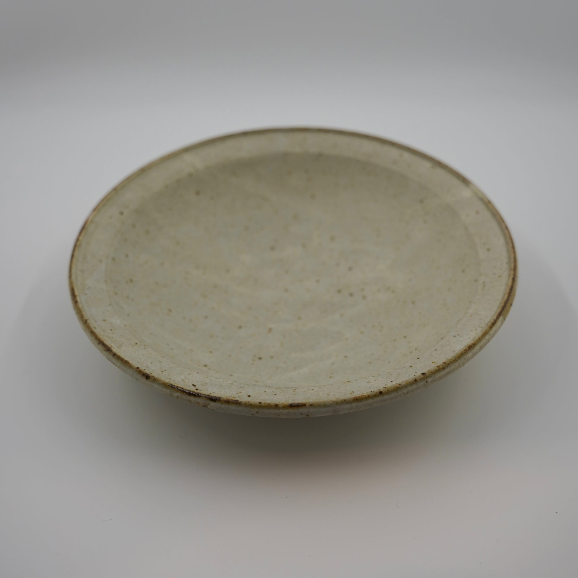 Ceramic plate with a speckled glaze on a white background