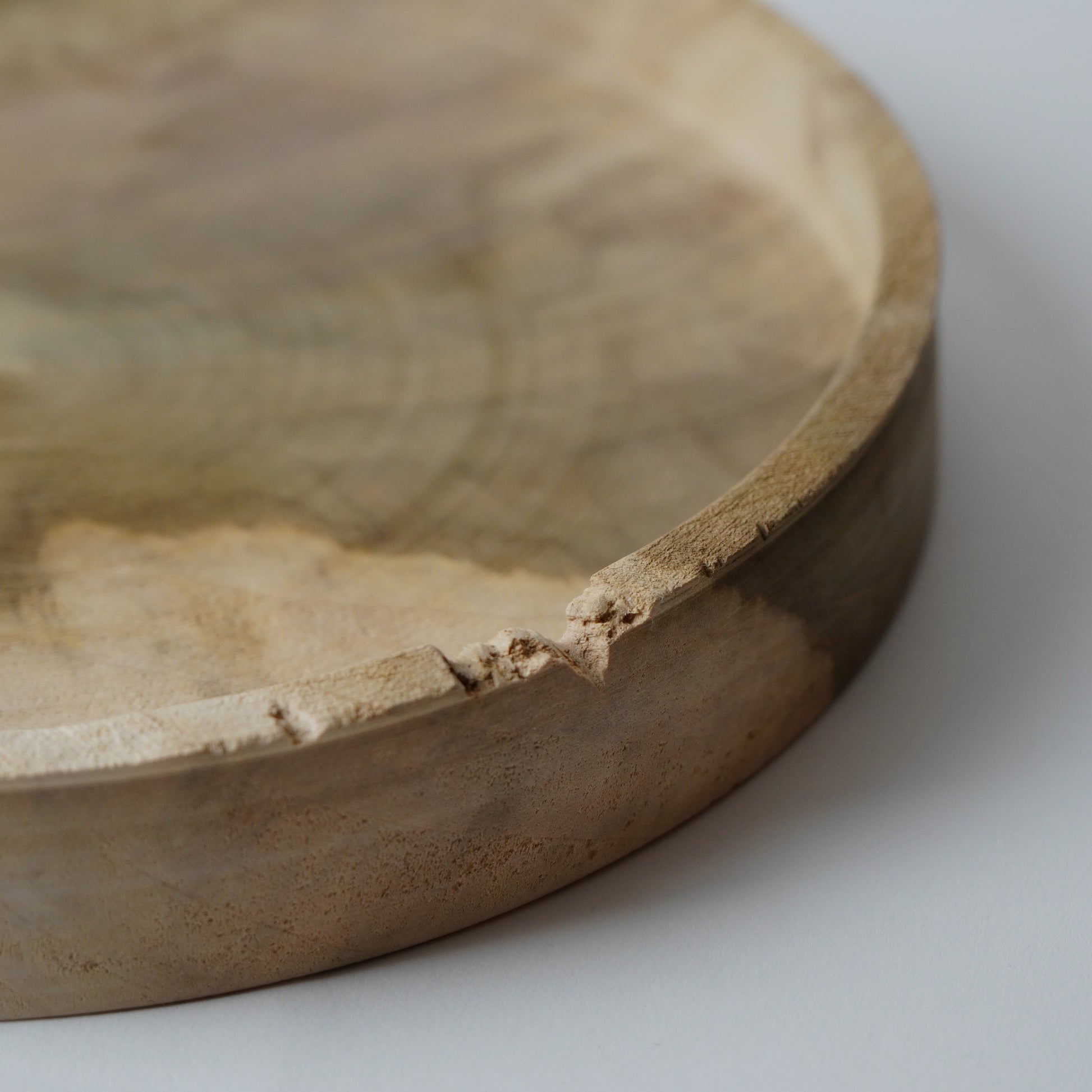 Close-up of a wooden plate with a slight crack on a white background